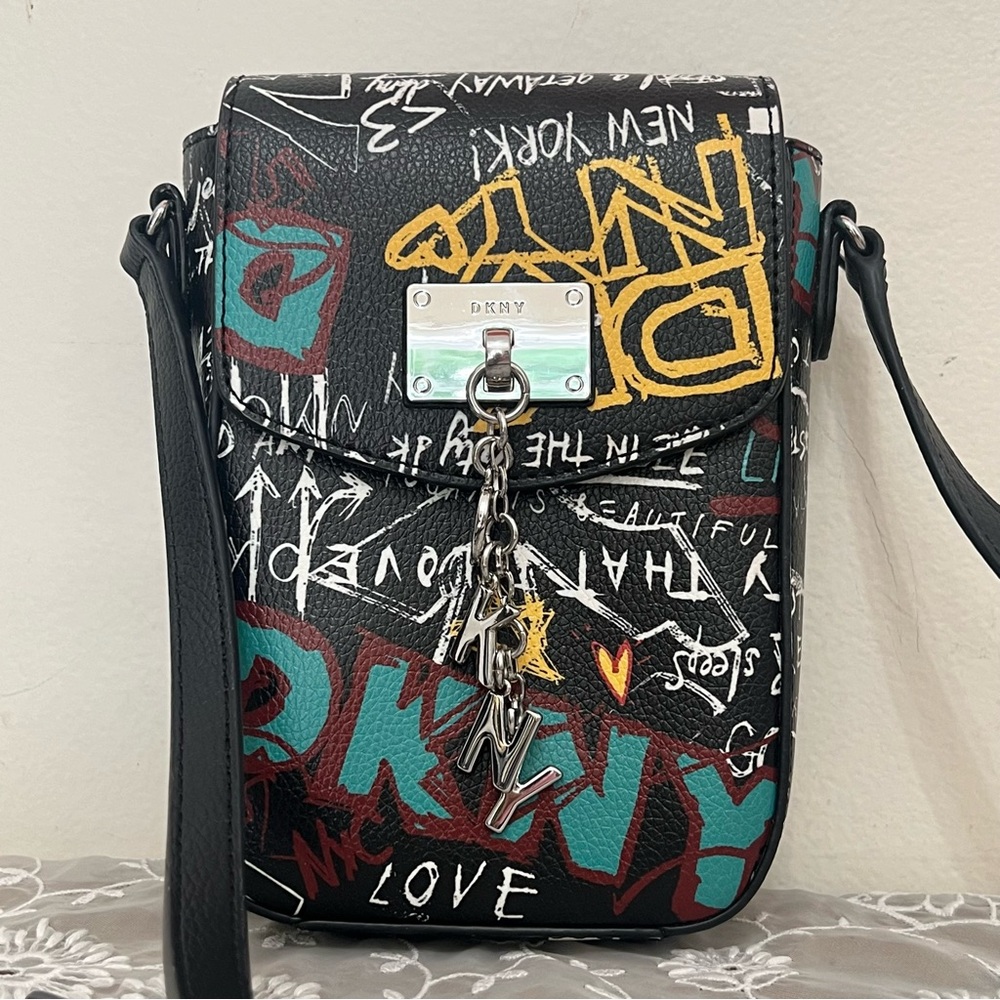 DKNY Black Faux Leather Graffiti Cleo North/South Phone Crossbody Bag Streetwear